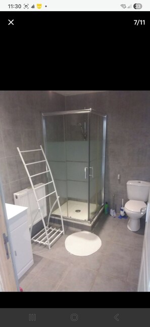 Dusj, hårføner, håndklær og toalettpapir