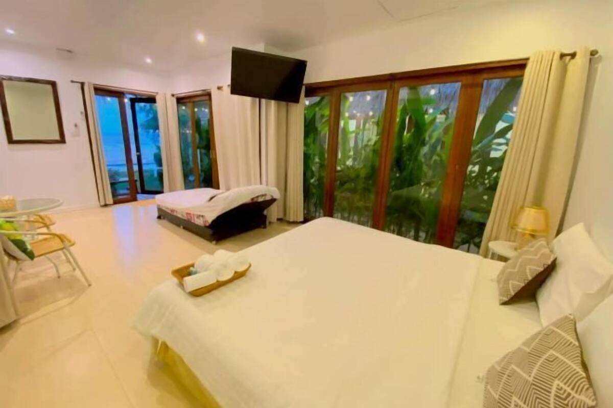 A hotel room with a bed, a TV, a desk with a chair, and a view of greenery through the windows.