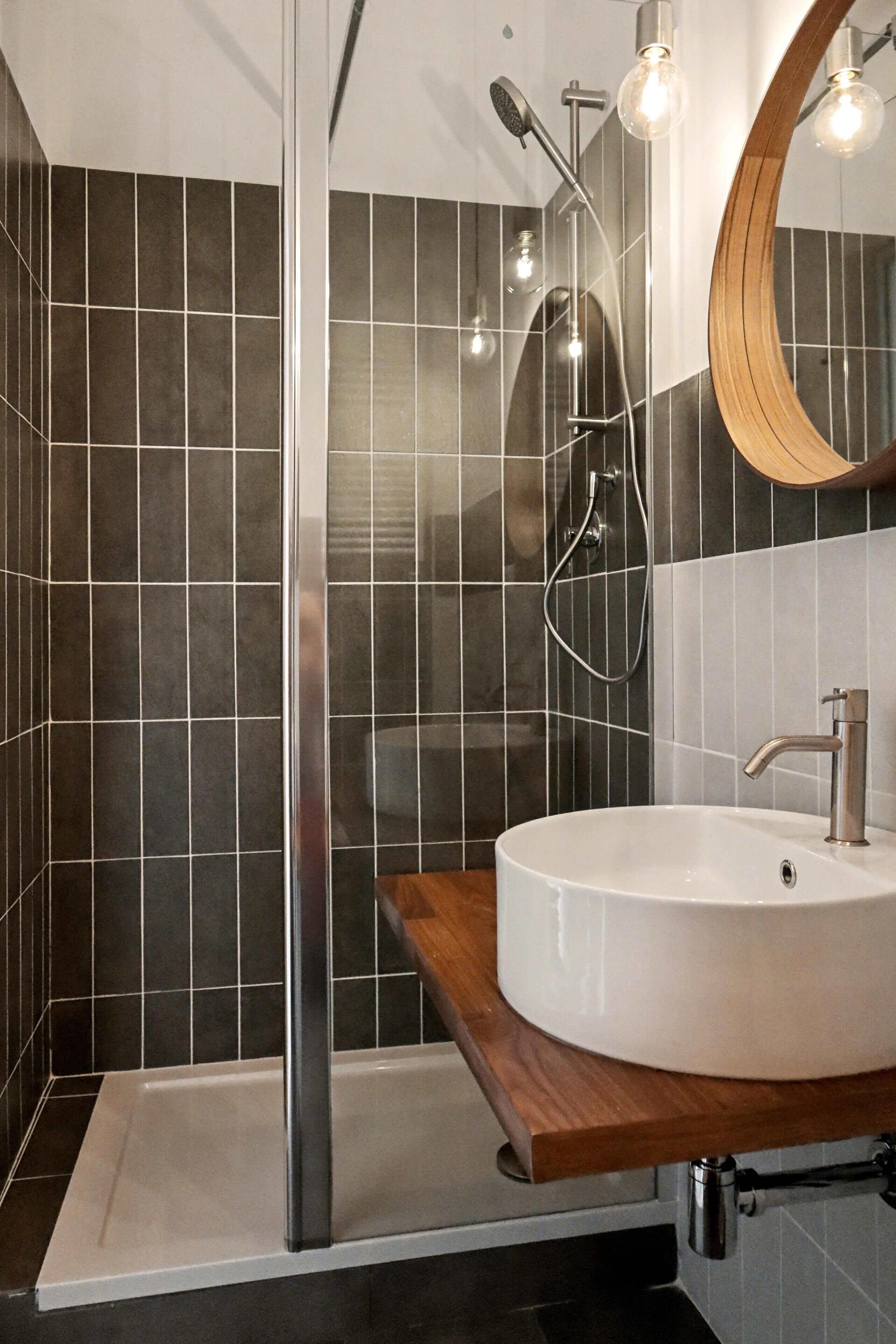 Shower, hair dryer, bidet, towels