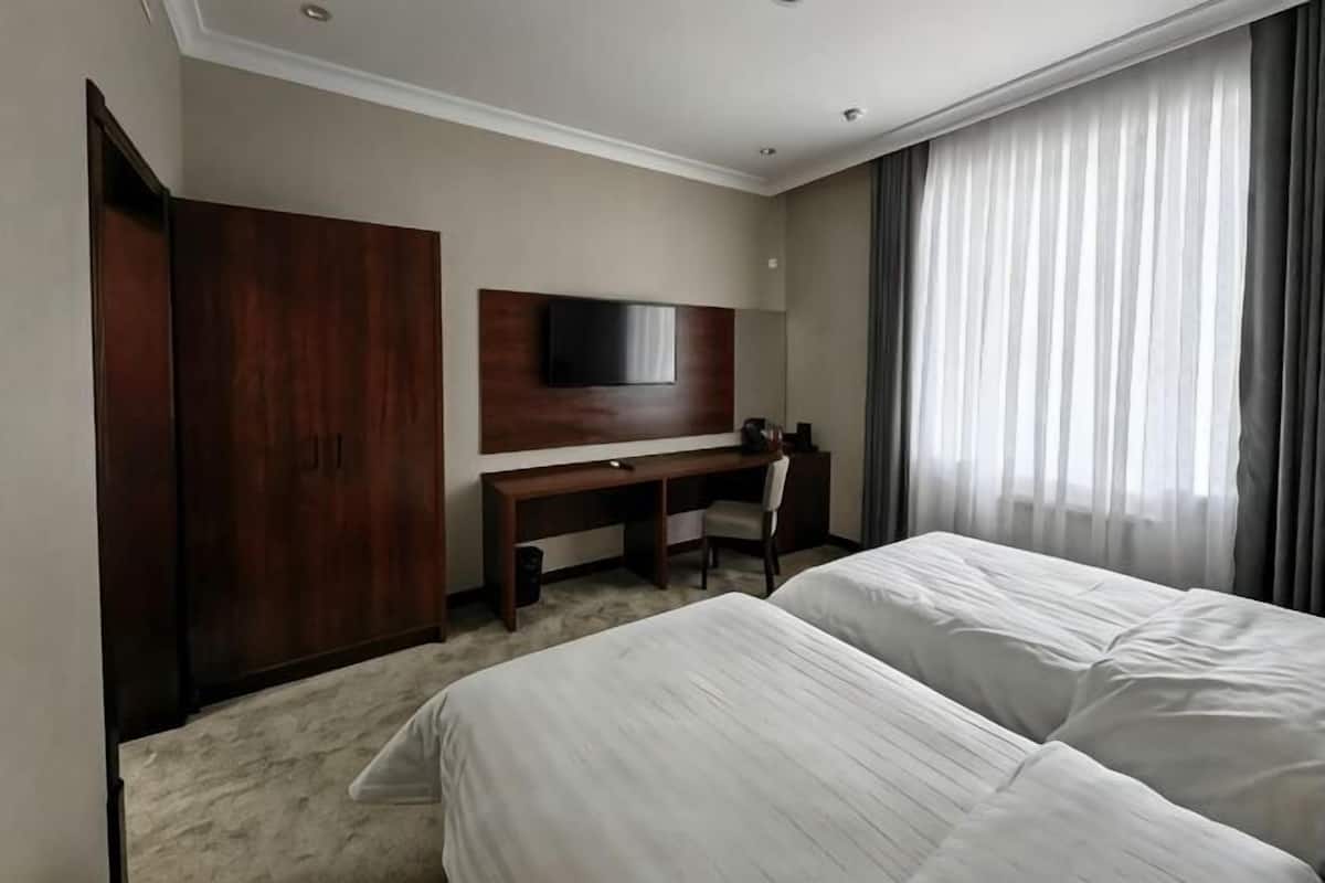 Habitación de hotel con cama, escritorio, silla, televisor y armario.