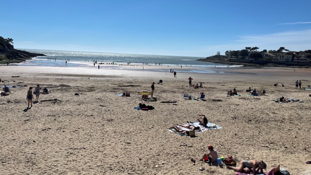 Ein Strand mit Menschen, die sich sonnen, spazieren gehen und spielen.
