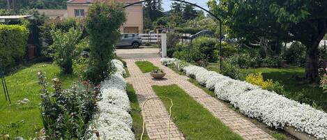 A garden pathway leading to a house with a car parked in the driveway.