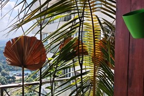 Un balcon offrant une vue sur le paysage urbain, avec une balustrade en bois et un pot de fleurs suspendu verdoyant.
