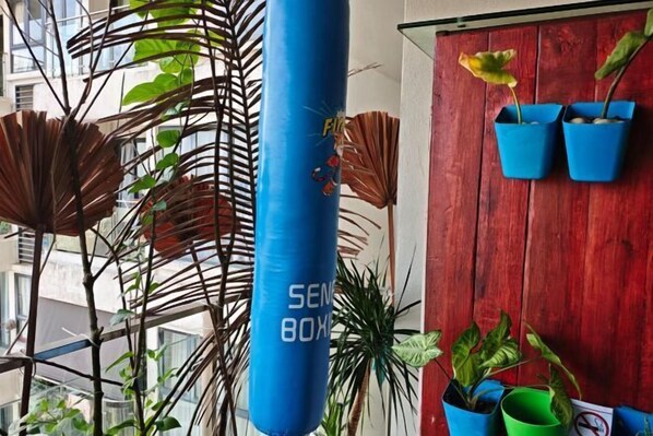Un sac de frappe bleu portant l’inscription « SEN BOX », dans une pièce avec un mur en bois rouge, des plantes en pot et un grand ventilateur.