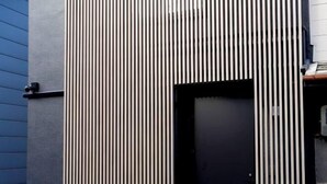 Fachada moderna de edificio con líneas verticales y una puerta negra.