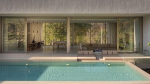 A modern house with a swimming pool, large windows, and a dining area. - Number Three Pool Villa Khaoyai (Pak Chong)