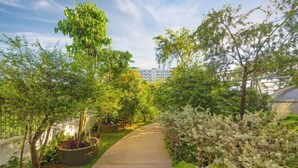 Un sentier bordé d’une végétation luxuriante et de plantes en fleurs, qui mène à un bâtiment doté de nombreuses fenêtres.