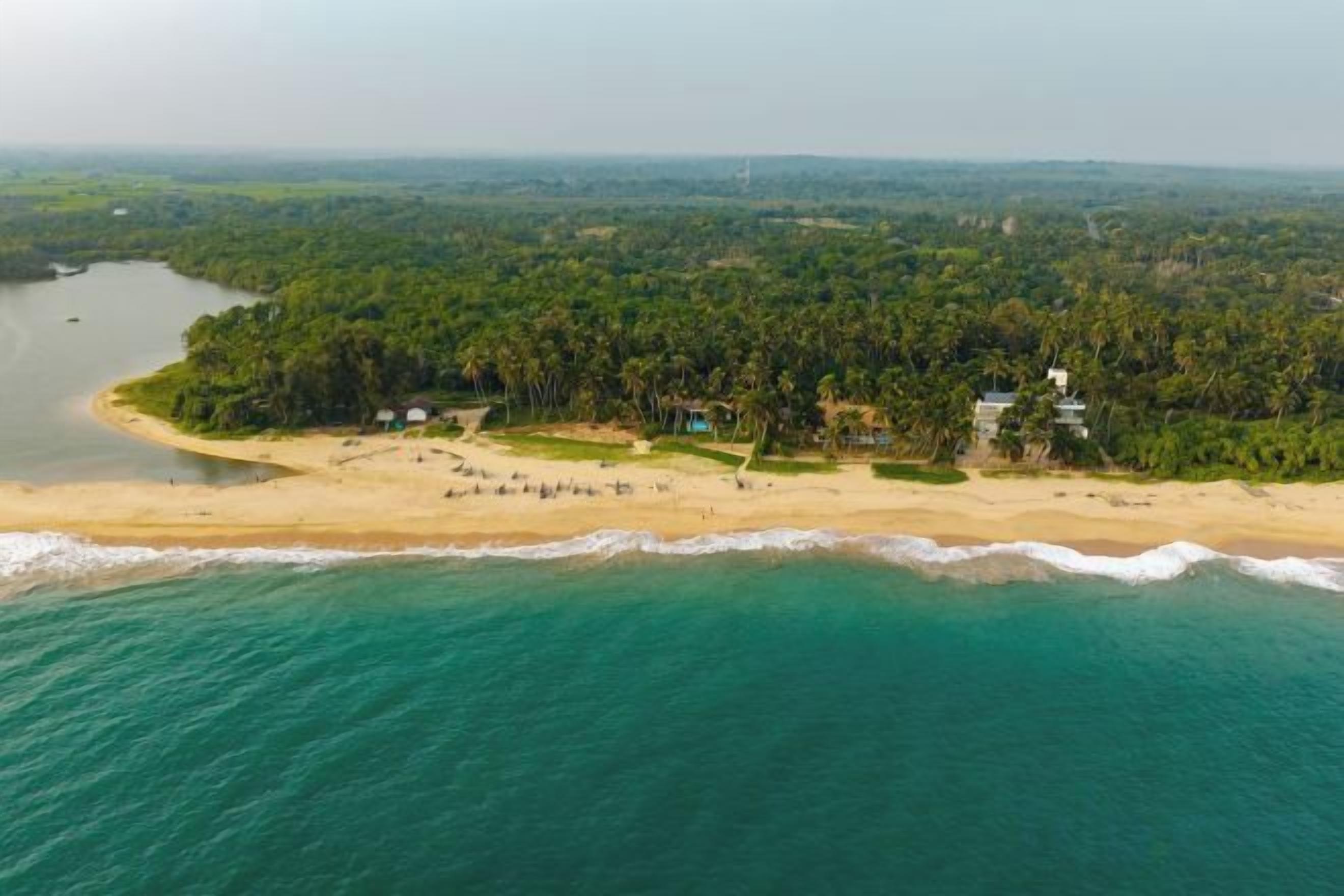 Vista aerea di una proprietà costiera con spiaggia, fitta foresta e alcuni edifici.