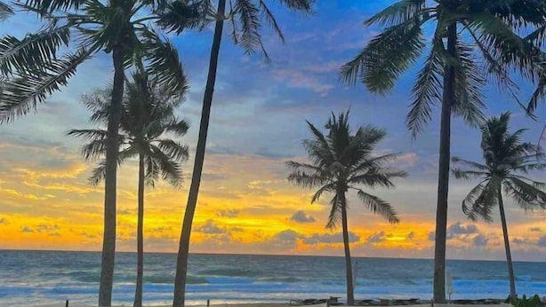 Ein Strand mit Palmen und einem Sonnenuntergang über dem Ozean.