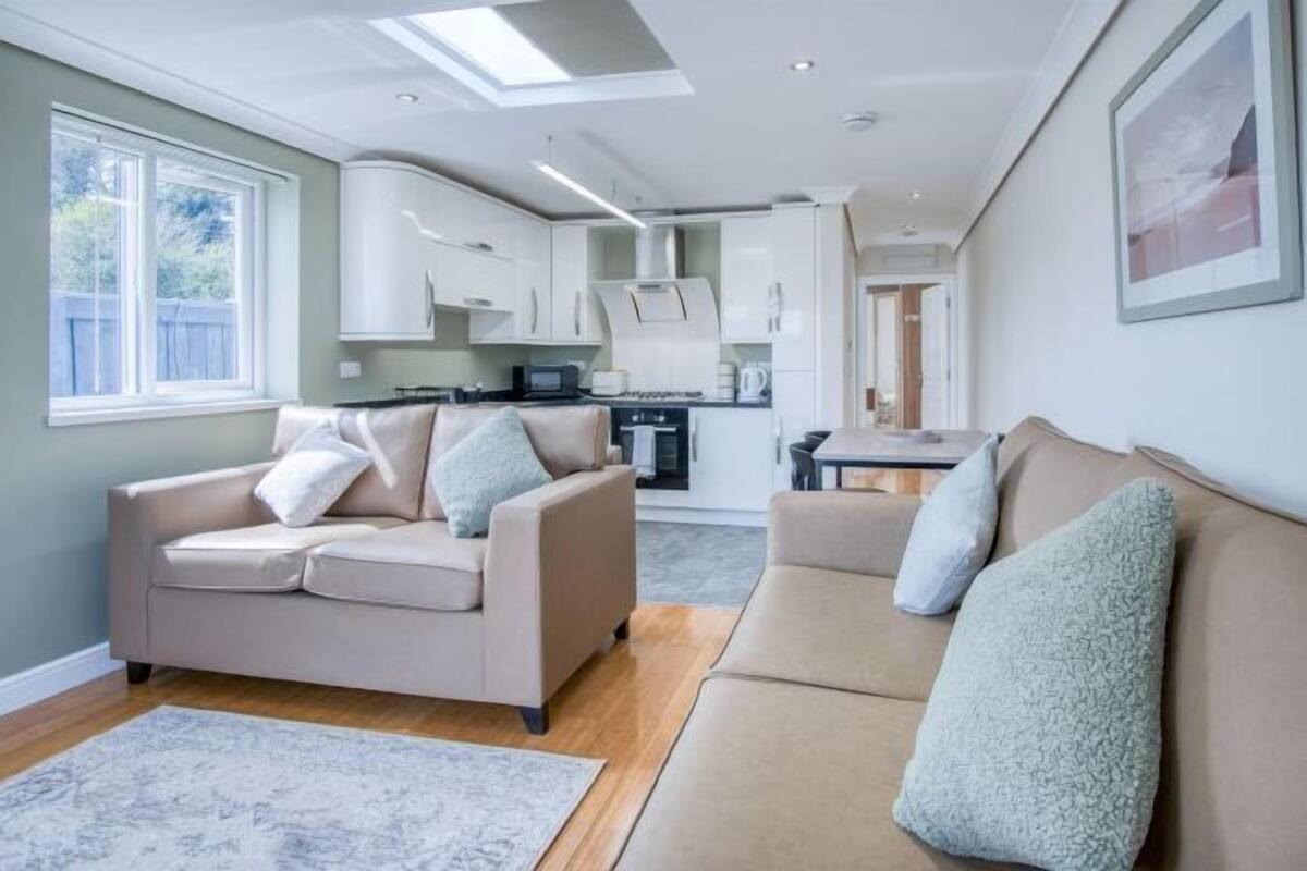 A modern living room with a beige sofa, a coffee table, and a patterned rug.
