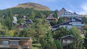 Un paisaje montañoso con una mezcla de edificios tradicionales y modernos, rodeado de densos bosques.