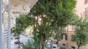 Vista de la calle con coches estacionados, árboles y edificios con balcones.