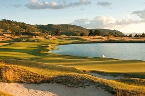 A golf course with a lake, sand bunkers, and a flag. - Point Residence (Auckland)