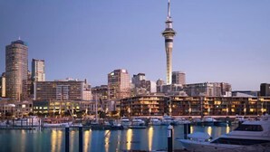 A marina with boats, a prominent tower, and a city skyline with various buildings. - Point Residence (Auckland)