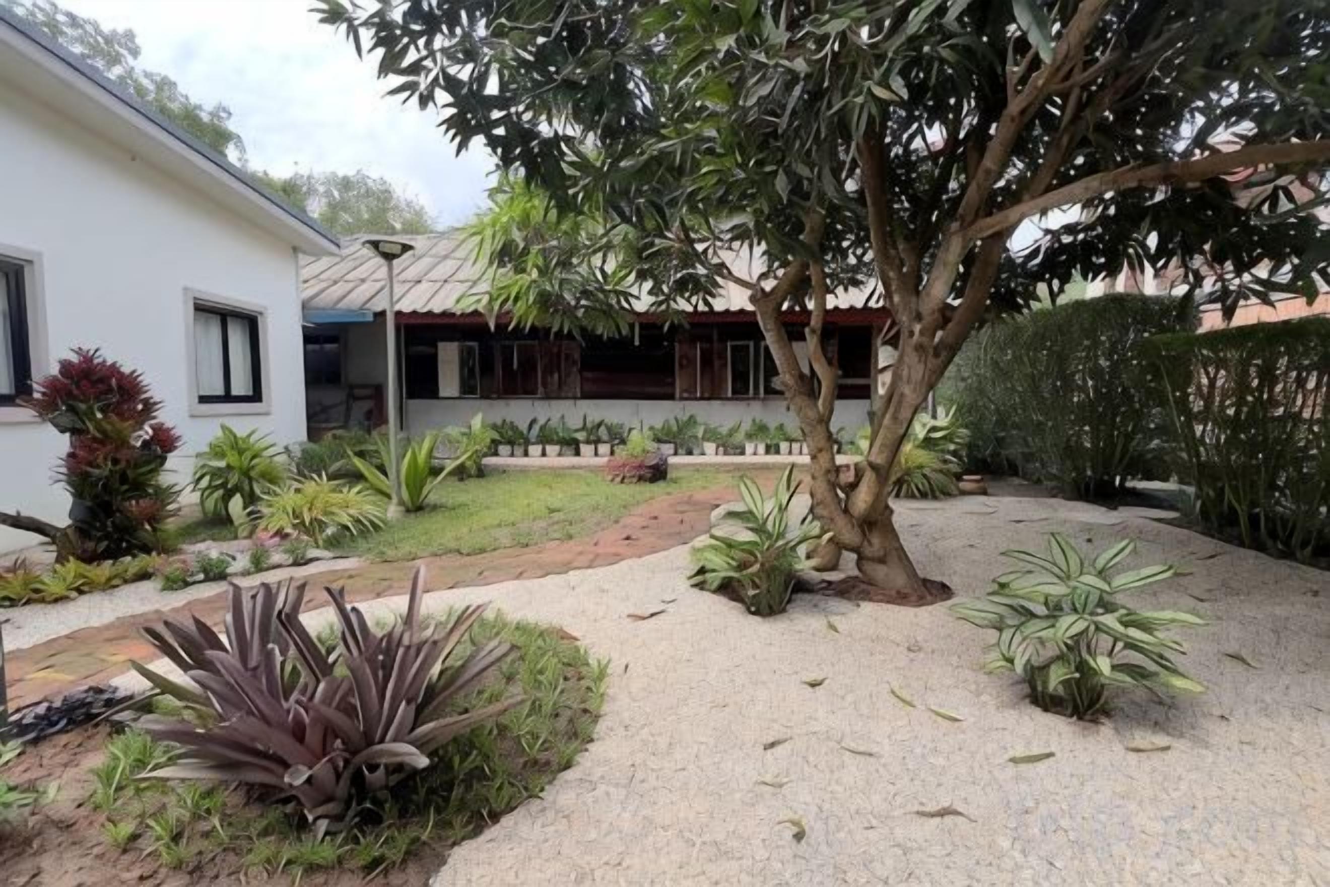 A residential property with a garden, a pathway, and a house with a tiled roof.