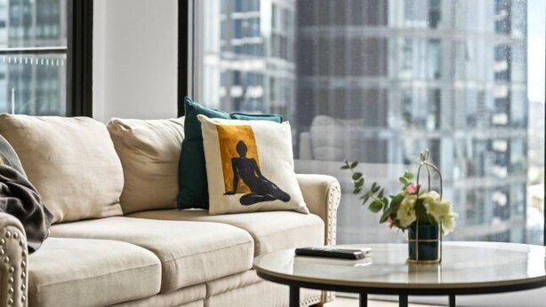 A modern living room with a sofa, a coffee table, and a view of a cityscape through large windows. - Waterview 1Bedroom Plus Study Room at Wentworth Point (Wentworth Point)