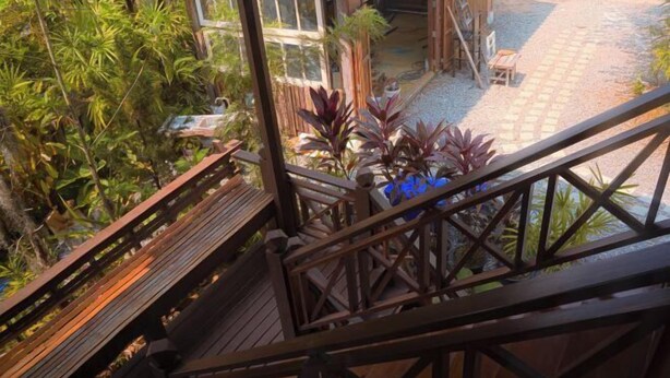 Um deck de madeira com guarda-corpo, cercado por vegetação exuberante e um espaço pavimentado com um banco.