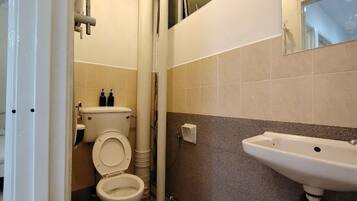 A bathroom with a toilet, sink, and tiled walls.