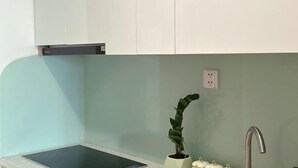 Una cucina con piano cottura integrato, lavandino, una pianta in vaso e una presa elettrica al muro.
