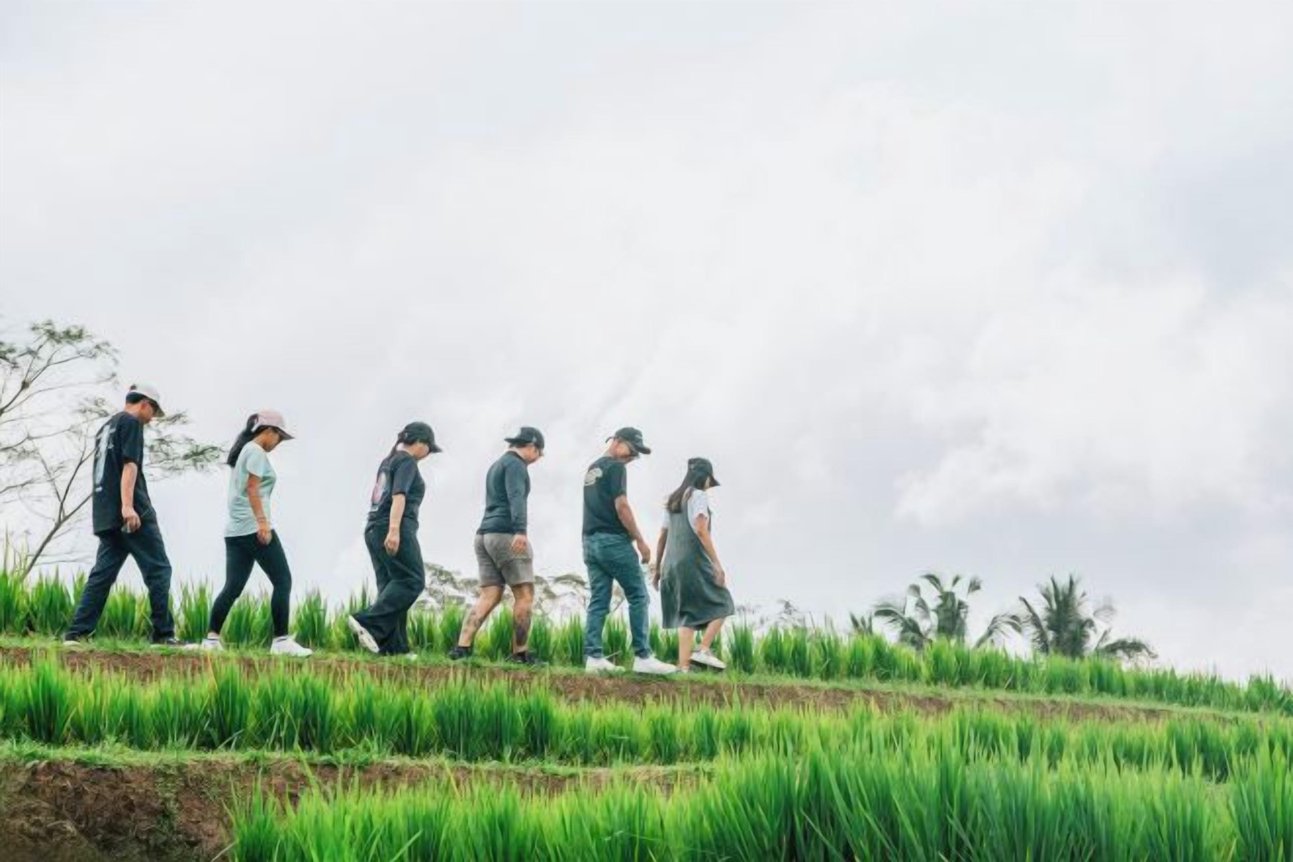 Un grupo de personas caminando sobre un campo de césped con un cielo nublado al fondo.