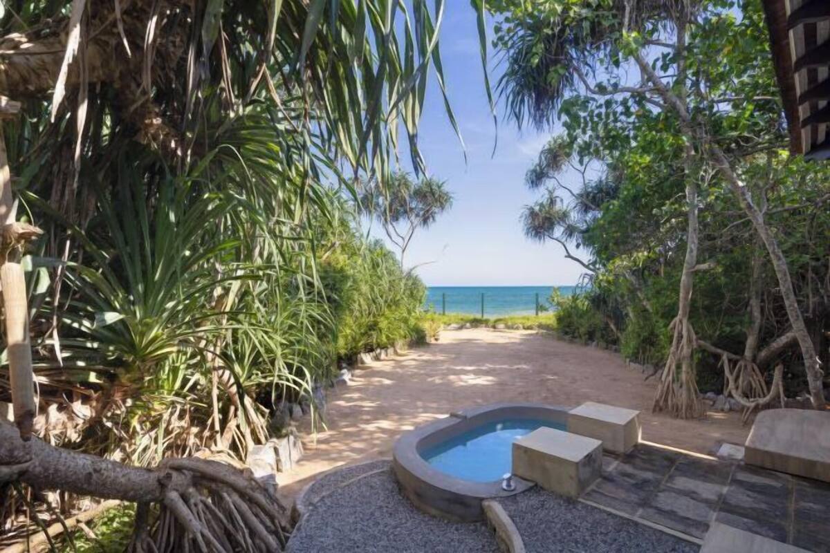 A pool area with a hot tub, surrounded by tropical vegetation and leading to a beach.