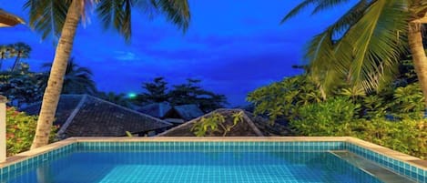 A swimming pool with tiled edges, surrounded by palm trees and tropical vegetation.