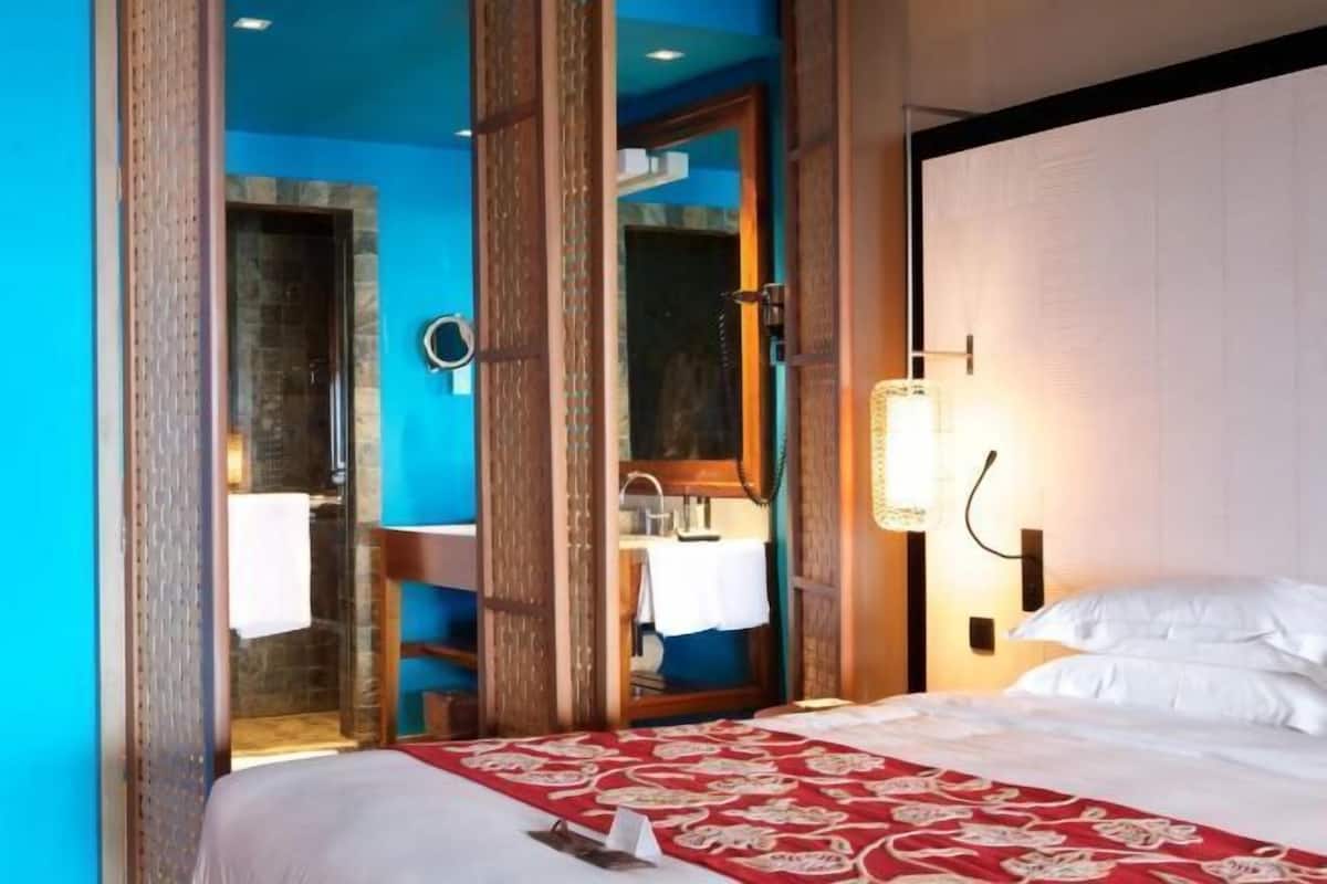Habitación de hotel con cama, baño y zona de ducha.