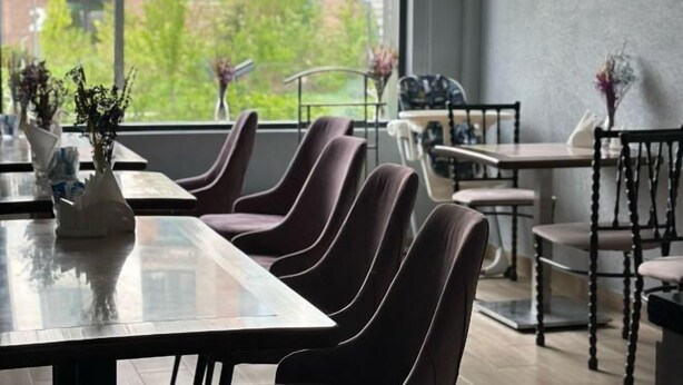A modern dining area with a long table and multiple chairs, large windows with a view of greenery, and a mix of modern and classic furniture styles.