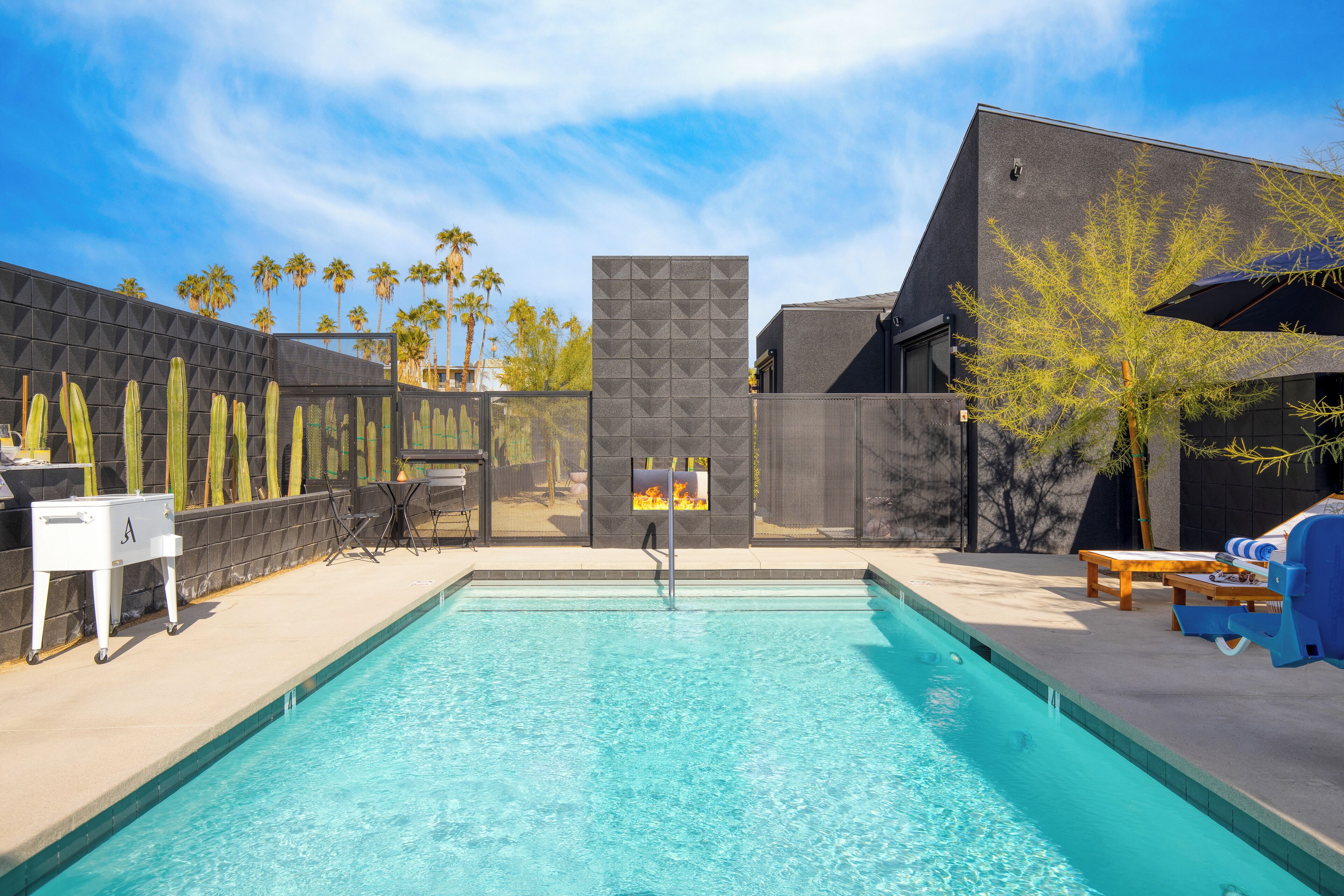 A swimming pool with a fire feature, surrounded by a modern fence and palm trees.