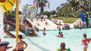 Een waterpark met glijbanen en zwembaden, genaamd 'Acqua Village Water Parks'.