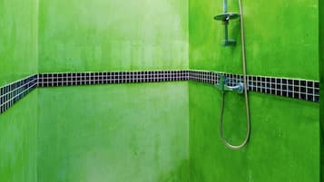 Shower, free toiletries, towels, soap