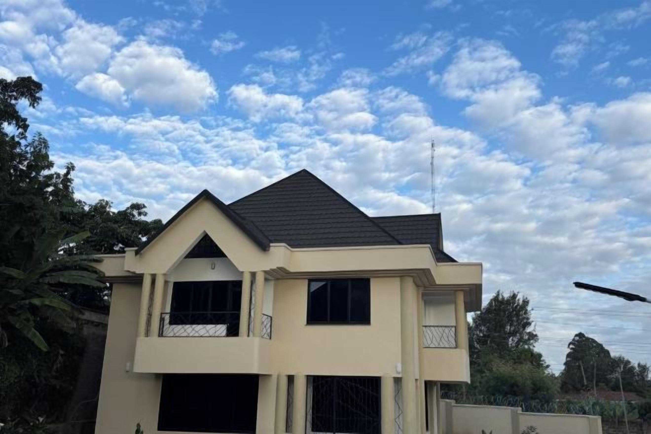 A two-story house with a flat roof and a garage.