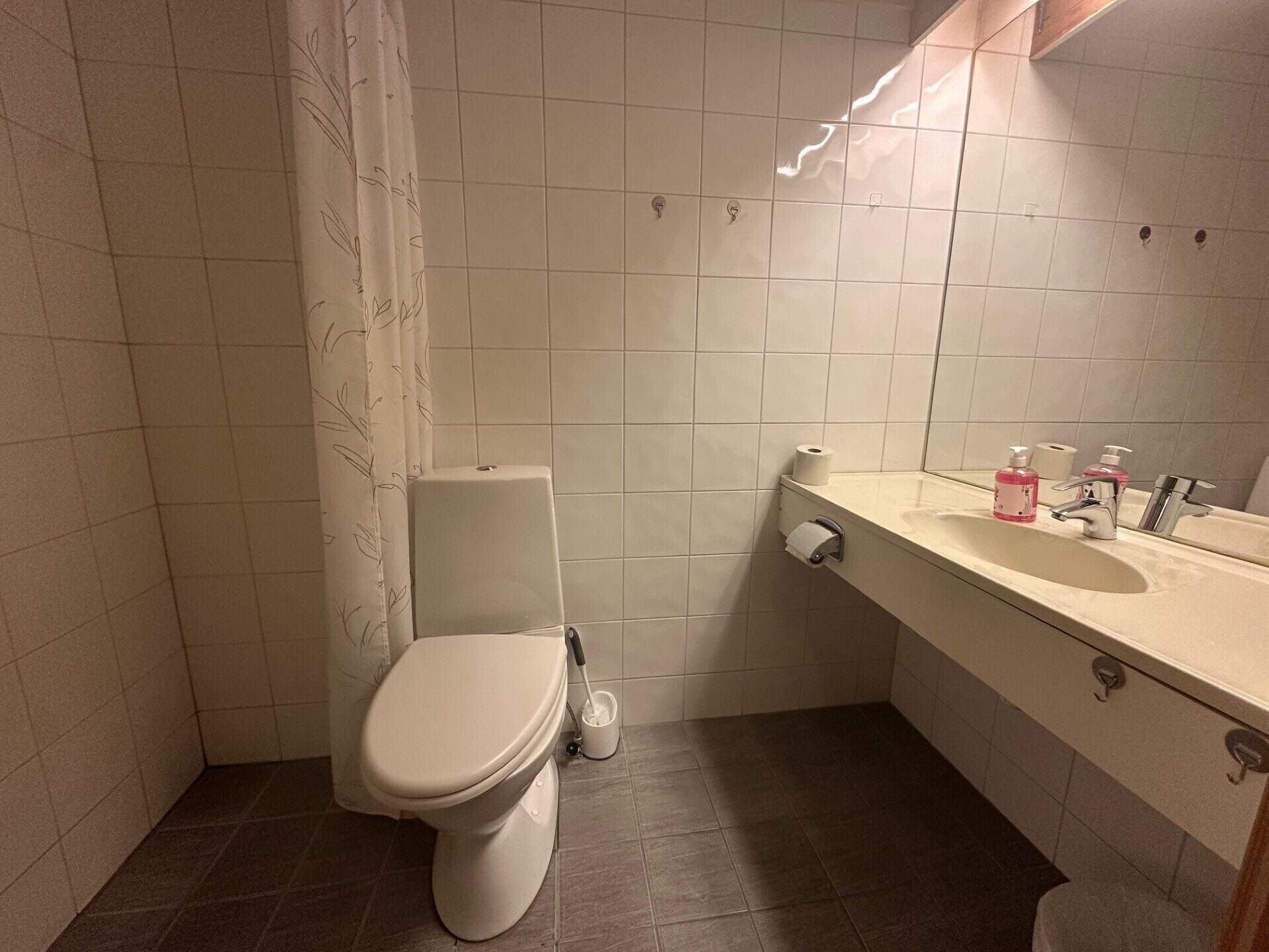 Une petite salle de bain avec des toilettes, un lavabo et un miroir.