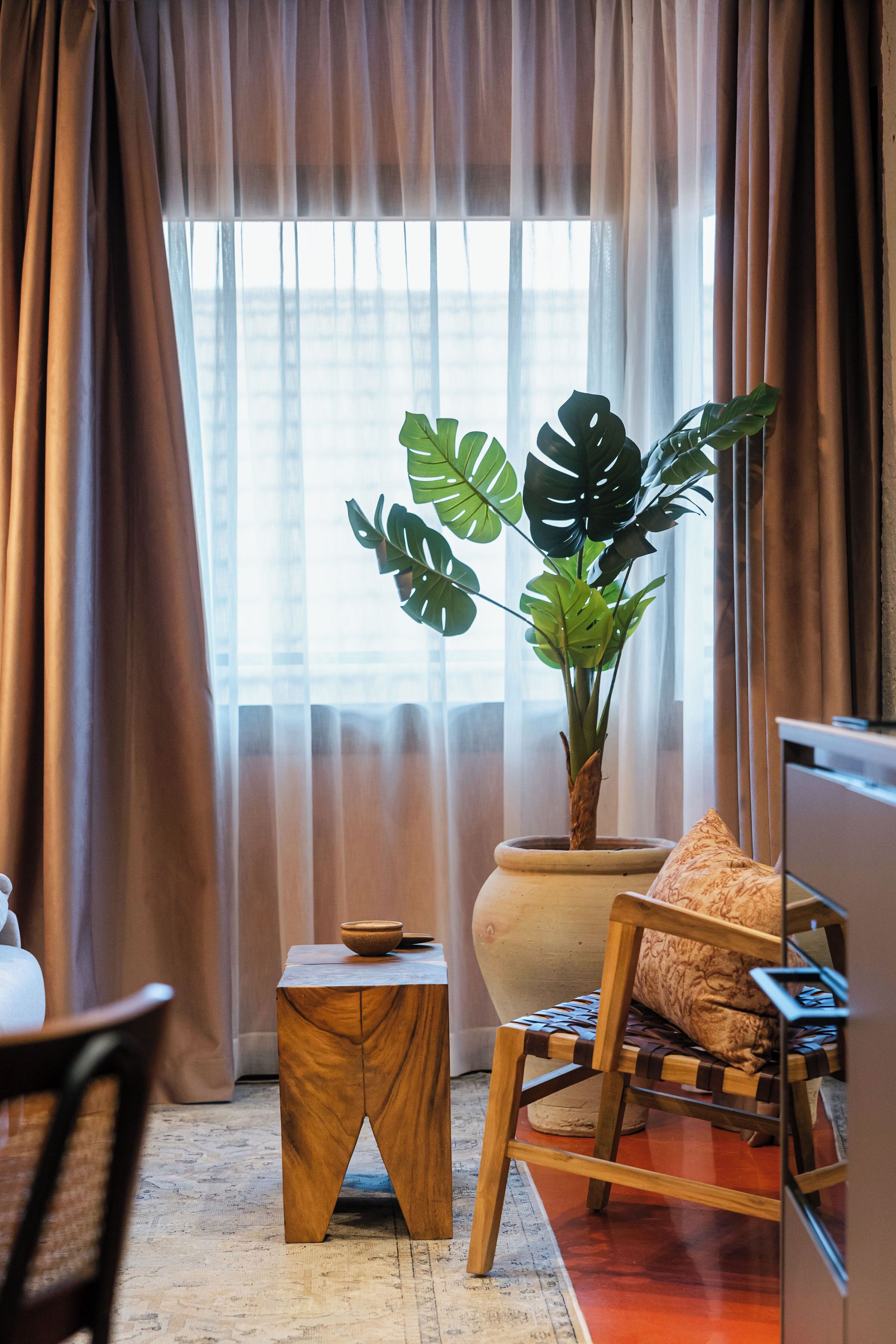 A living room with a large potted plant, a wooden side table, a cushioned chair, and a television.