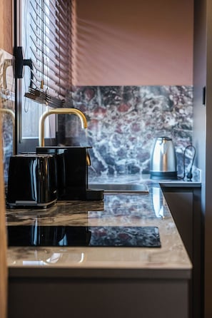 Mini-fridge, microwave, oven, stovetop