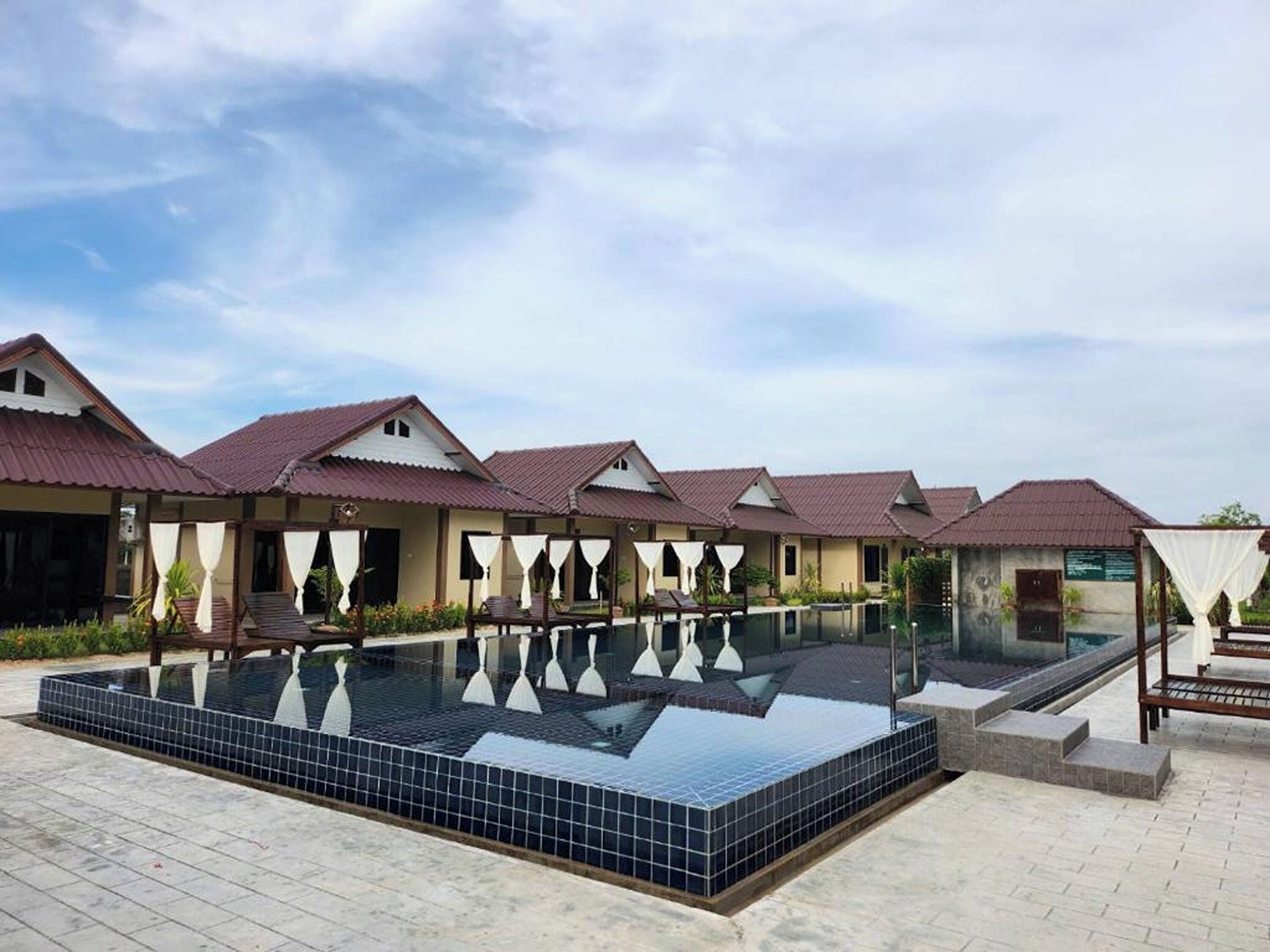 A resort with multiple villas, a swimming pool, and a clear sky.