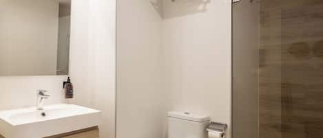 A modern bathroom with a white sink, a toilet, and a glass shower enclosure.