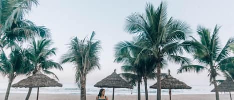 A pool area with palm trees and thatched umbrellas, a person in a swimsuit, and a beach in the background.