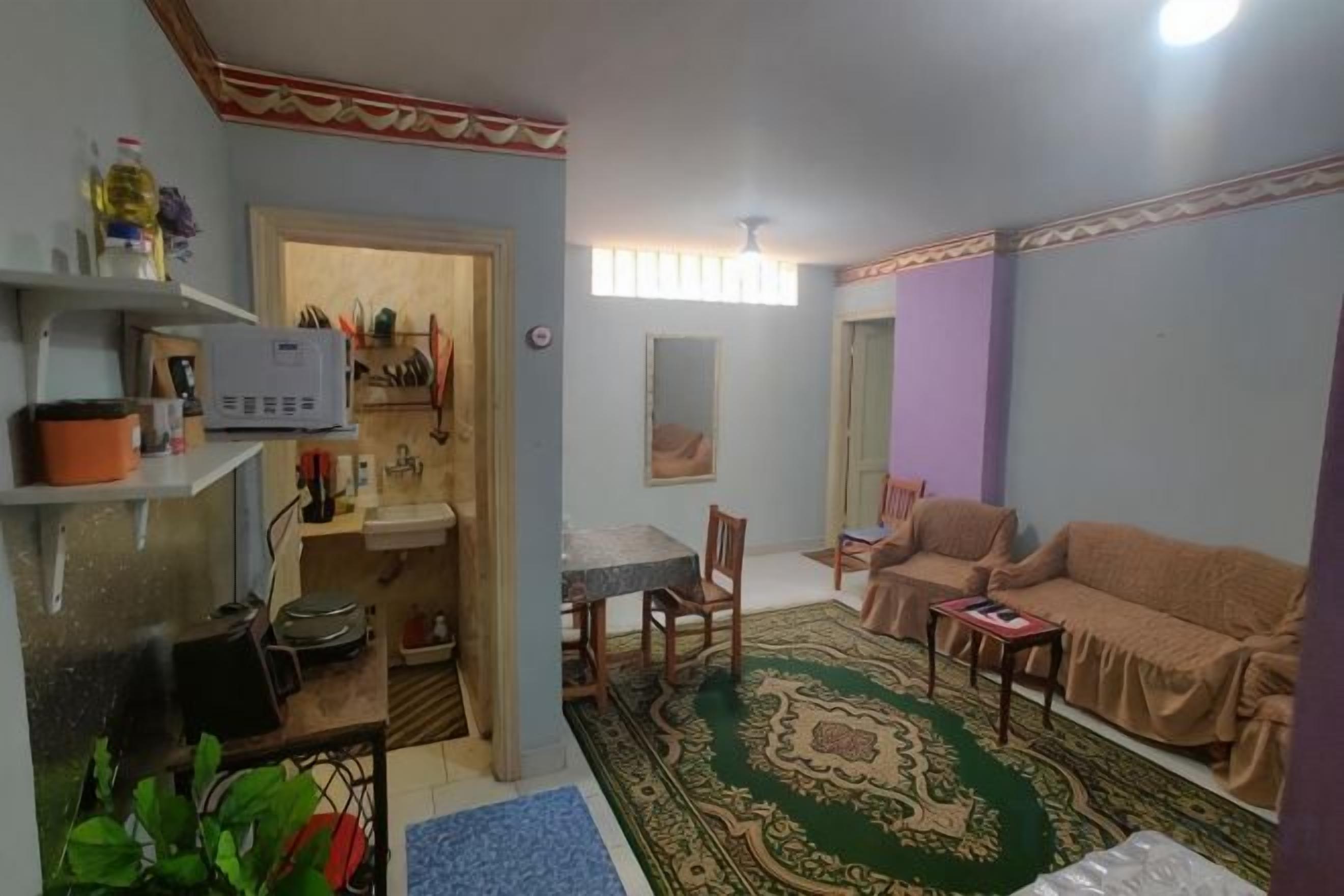 A compact living space with a kitchenette, a dining area, and a seating area with a sofa and chairs.