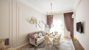 A modern living room with a sofa, dining table, and chairs. - Apartment Kazahstan in Tashkent (Tashkent)