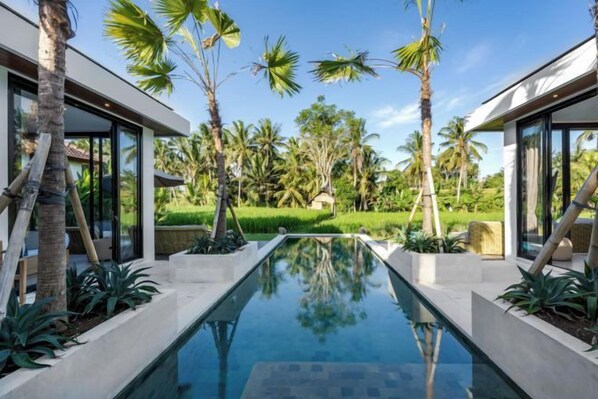A modern pool with a clear water surface, surrounded by palm trees and a well-maintained lawn. - Villa Juke by BaliSuperHost (Bali)