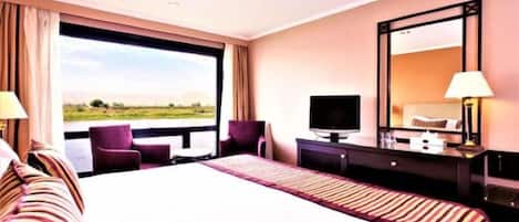 Habitación de hotel con una cama grande, un escritorio con televisor, una silla y vistas al exterior.