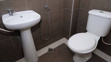 Un baño con lavamanos pedestal blanco, inodoro y ducha.