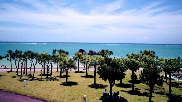 A beachside view with palm trees, a clear sky, and the ocean. - wing mihama (Chatan)
