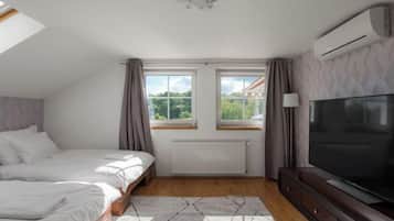 A bedroom with a bed, a TV, a radiator, and two windows.