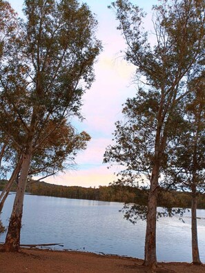 A serene lakeside scene with trees and a calm body of water.