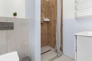 Douche, sèche-cheveux, serviettes fournies, shampoing