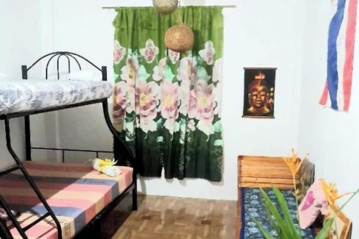 Ein Zimmer mit einem Etagenbett, einem kleinen Tisch, einem dekorativen Vorhang, einem gerahmten Bild und einer Pflanze.
