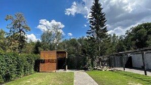 A backyard with a paved pathway, a wooden structure, and a fenced area with trees. - Fotofabrika - Unique Beautiful 3 Storeys House (Oskemen)