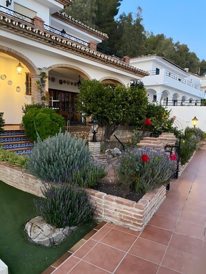 A courtyard with a brick pathway, a small tree, and a well-maintained garden.